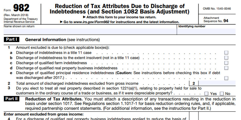 IRS Form 982: Reduction of Tax Attributes Due to Discharge of Indebtedness